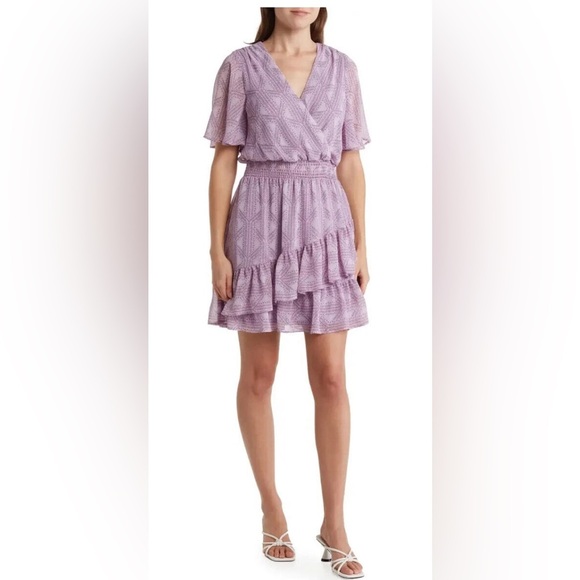 Laundry by Shelli Segal purple lavender Flutter Sleeve Chiffon Mini Dress size 0 - Picture 2 of 6